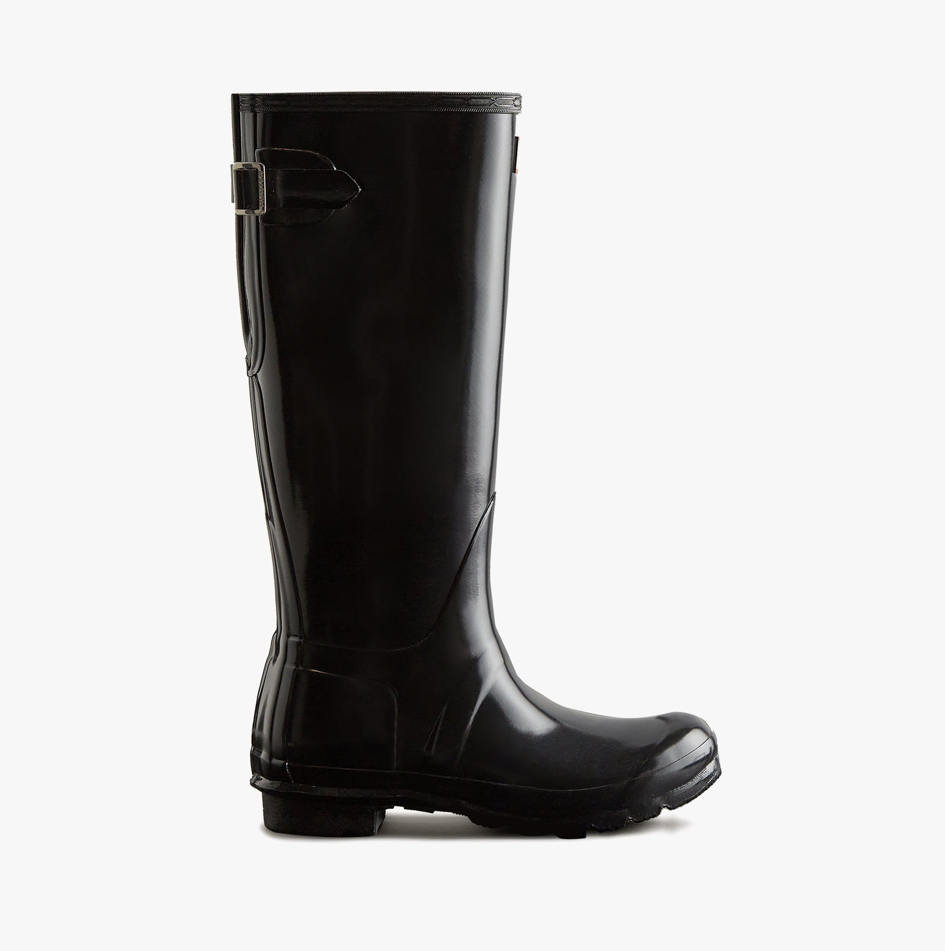 Hunter ORIGINAL TALL BACK ADJUSTABLE Womens Wellies Black Gloss side view, knee-high rubber boots for comfort and waterproof style.