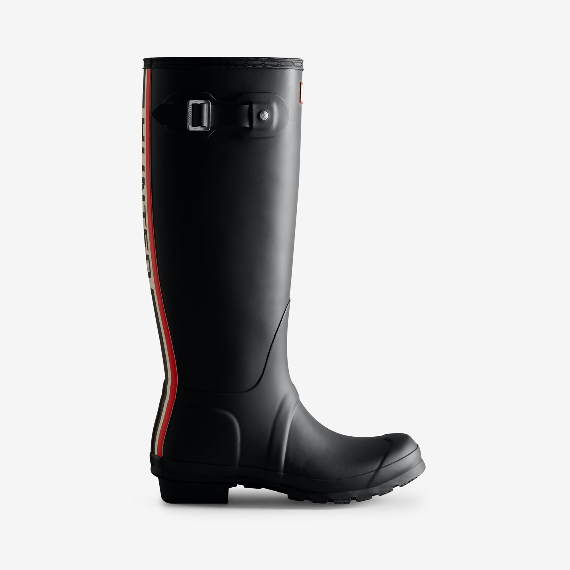 Hunter TRI-COLOUR TALL LOGO BACKSTRAP Womens Wellies Black side view showcasing rubber construction and red detailing.