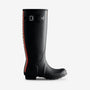 Hunter TRI-COLOUR TALL LOGO BACKSTRAP Womens Wellies Black side view showcasing rubber construction and red detailing.