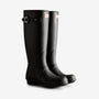 Hunter TRI-COLOUR TALL LOGO BACKSTRAP Womens Wellies Black side view of stylish rubber boots