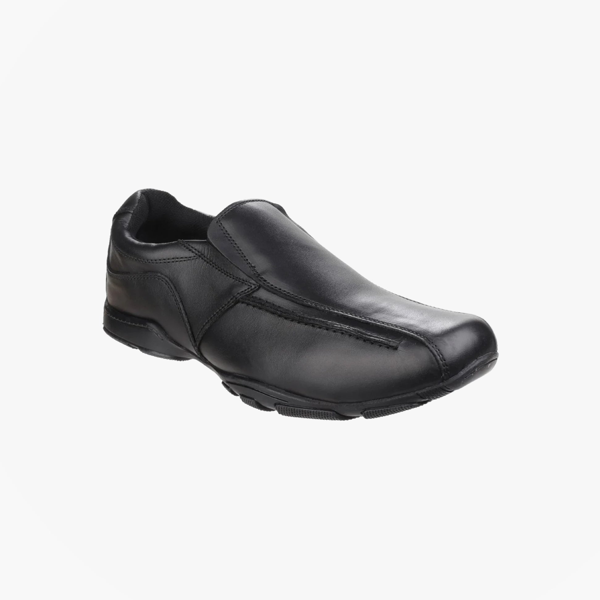 Hush Puppies BESPOKE SENIOR Boys Shoes Black side view, leather upper, slip-on style, low top school shoes.