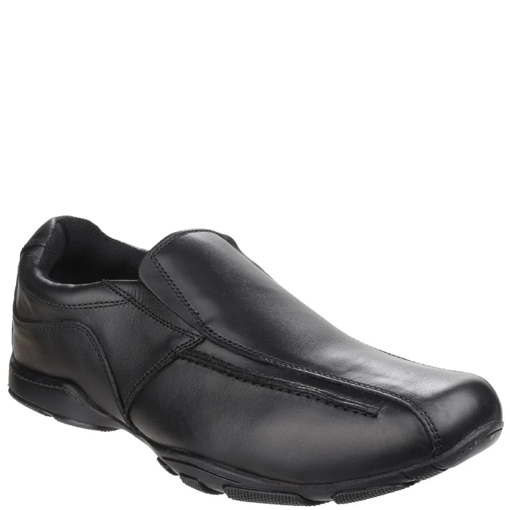 Hush Puppies BESPOKE SENIOR Boys Shoes Black side view of leather slip-on school shoes