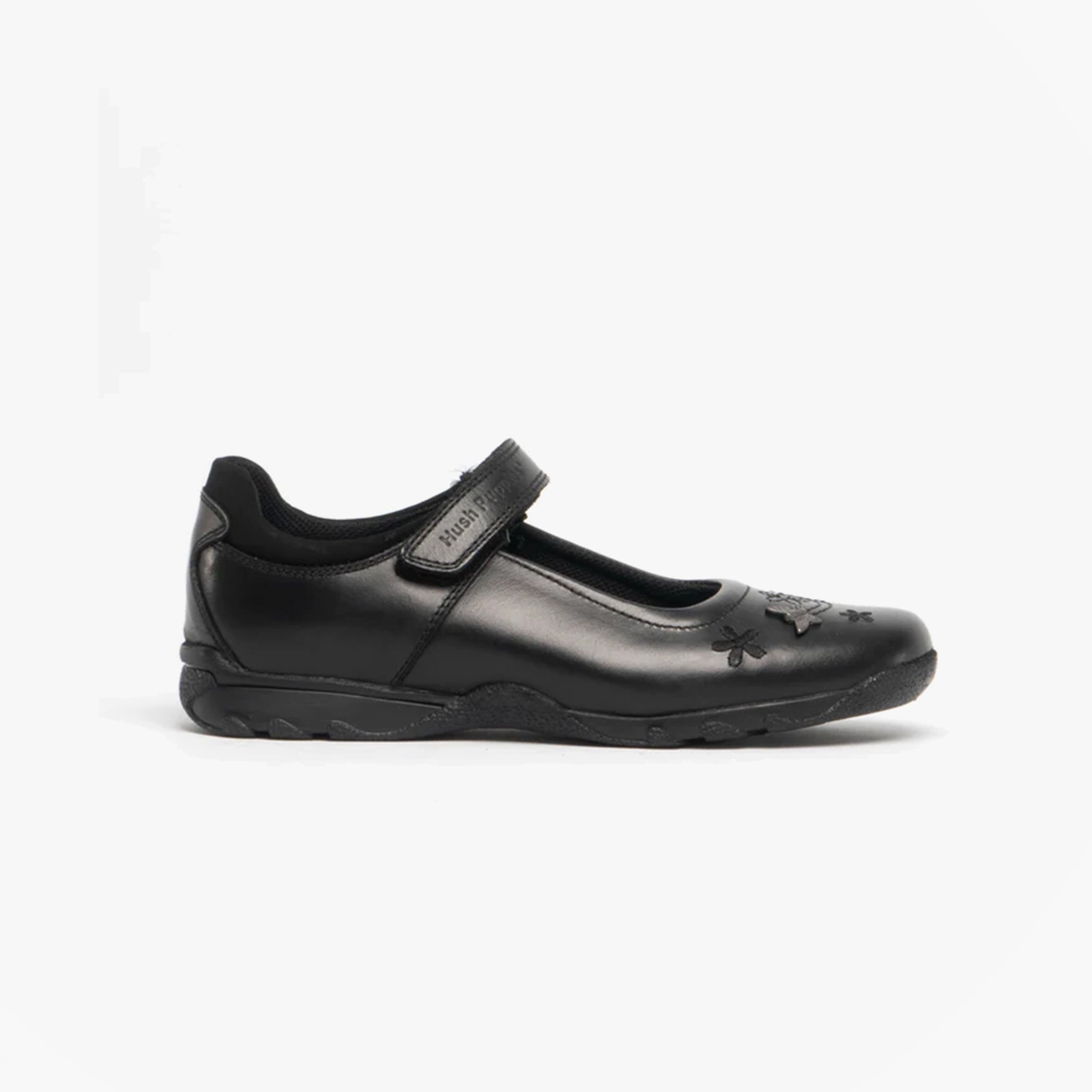 Hush Puppies CLARE Girls Leather School Shoes Black side view featuring a Mary Jane style with touch fasten closure.