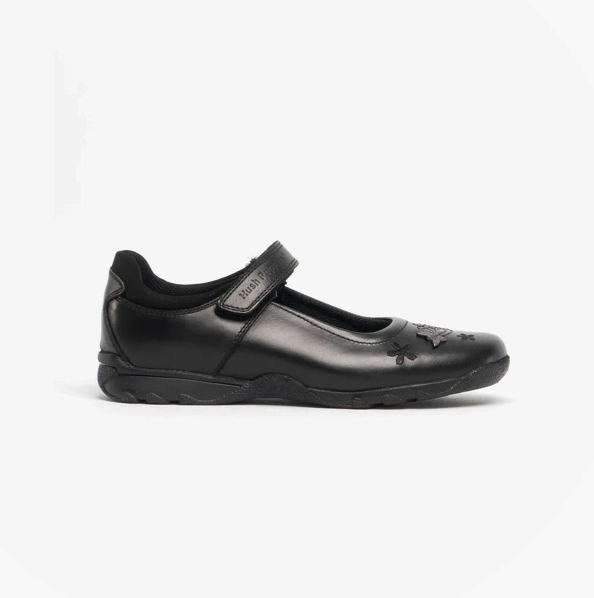 Hush Puppies CLARE Girls Leather School Shoes Black side view featuring a Mary Jane style with touch fasten closure.