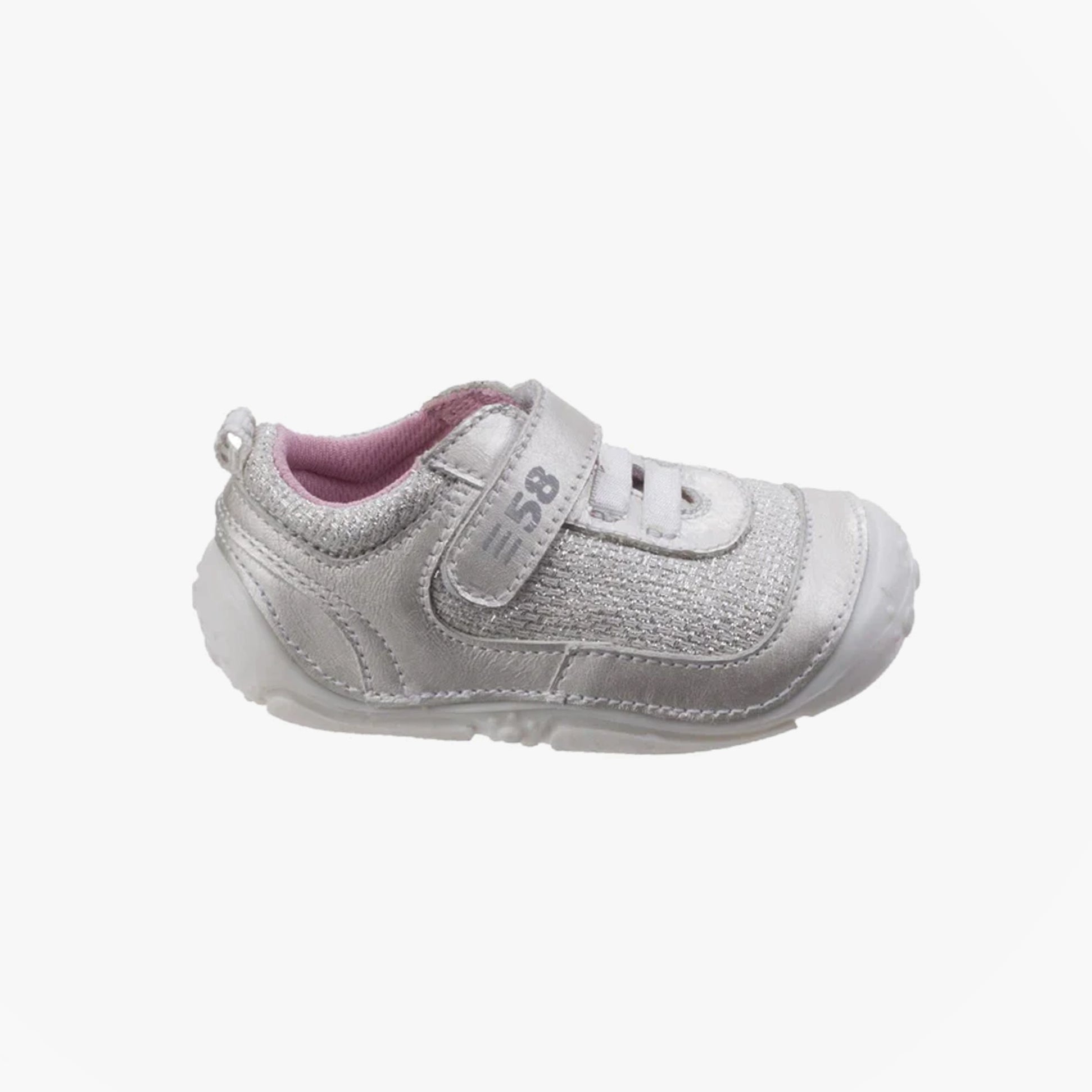 Hush Puppies LIVVY Infant Girls Trainers Silver side view featuring lightweight design and touch fasten closure.