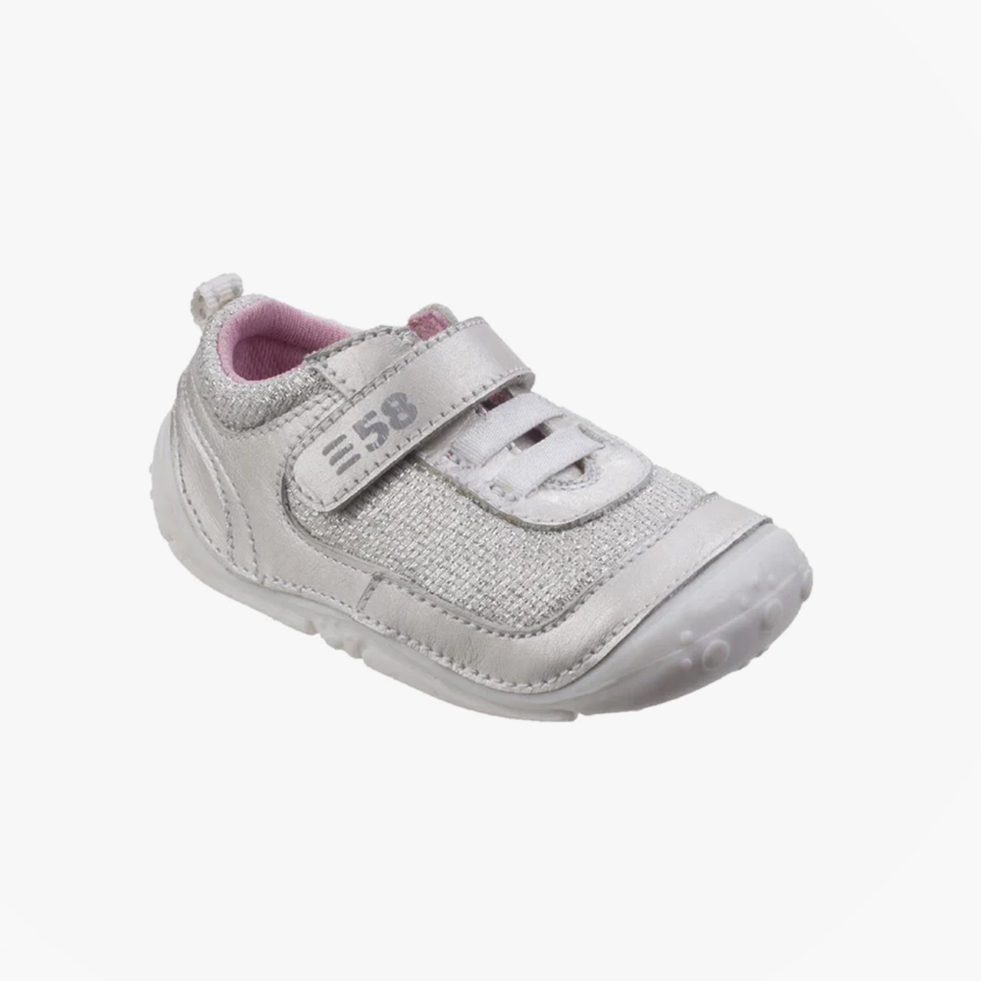 Hush Puppies LIVVY Infant Girls Trainers Silver side view, casual style leather trainers with touch fasten closure.