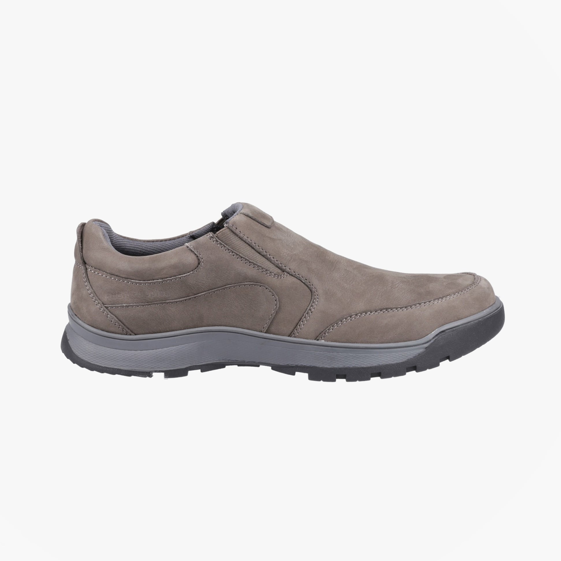 Hush Puppies JASPER Mens Slip On Lightweight Grey side view with leather upper and TPR sole for comfort.