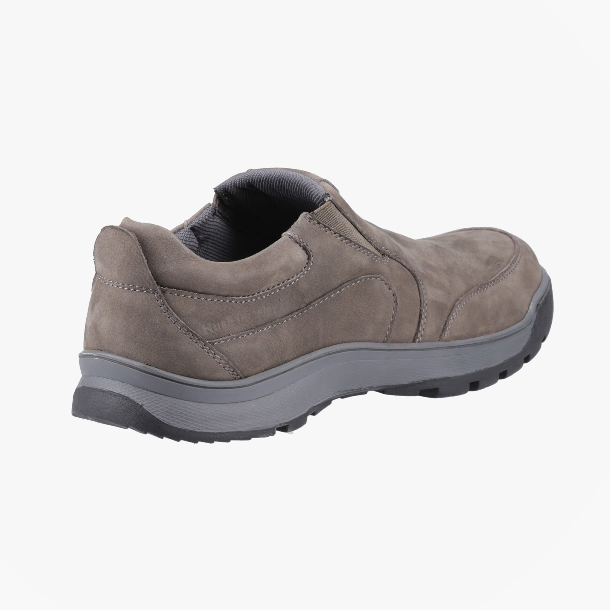Hush Puppies JASPER Mens Slip On Lightweight Grey shoe back view showing leather upper and TPR sole.