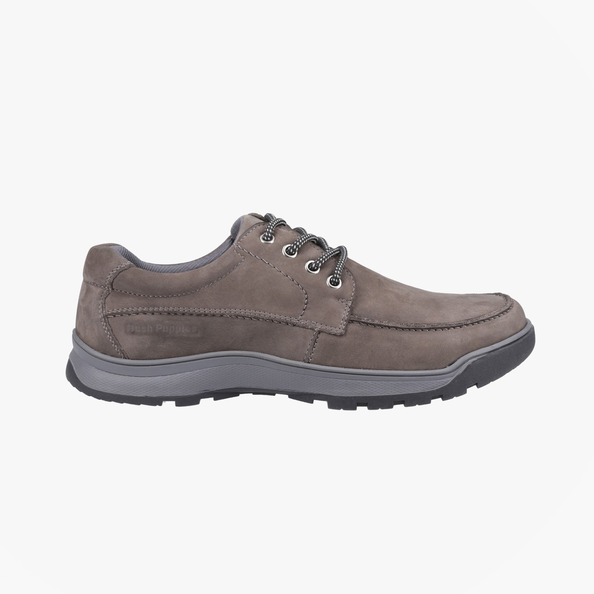 Hush Puppies TUCKER LACE Mens Lace Shoes Grey side view showing comfort design and nubuck upper.