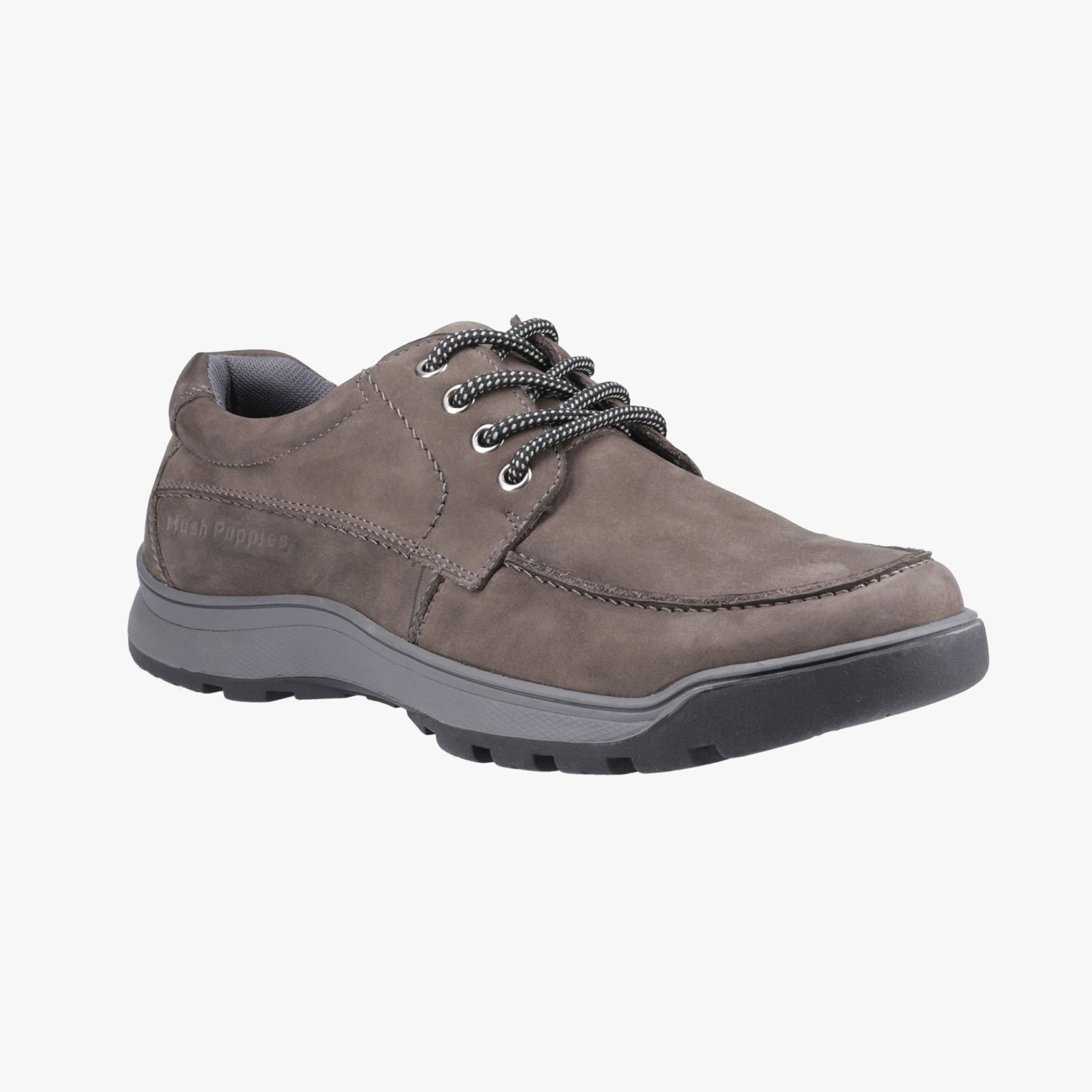Hush Puppies TUCKER LACE Mens Lace Shoes Grey side view showcasing comfort design and Nubuck upper.