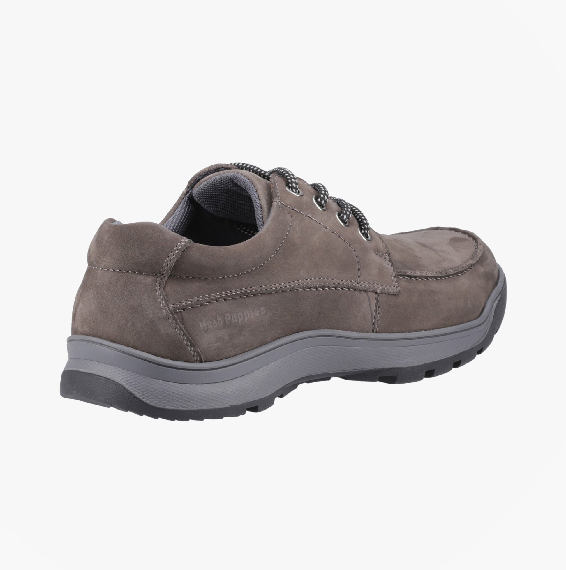 Hush Puppies TUCKER LACE Mens Lace Shoes Grey, rear view highlighting nubuck upper and lace-up closure.
