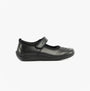 Hush Puppies AMBER JUNIOR Girls Leather School Shoes Black side view showing adjustable strap and round toe.