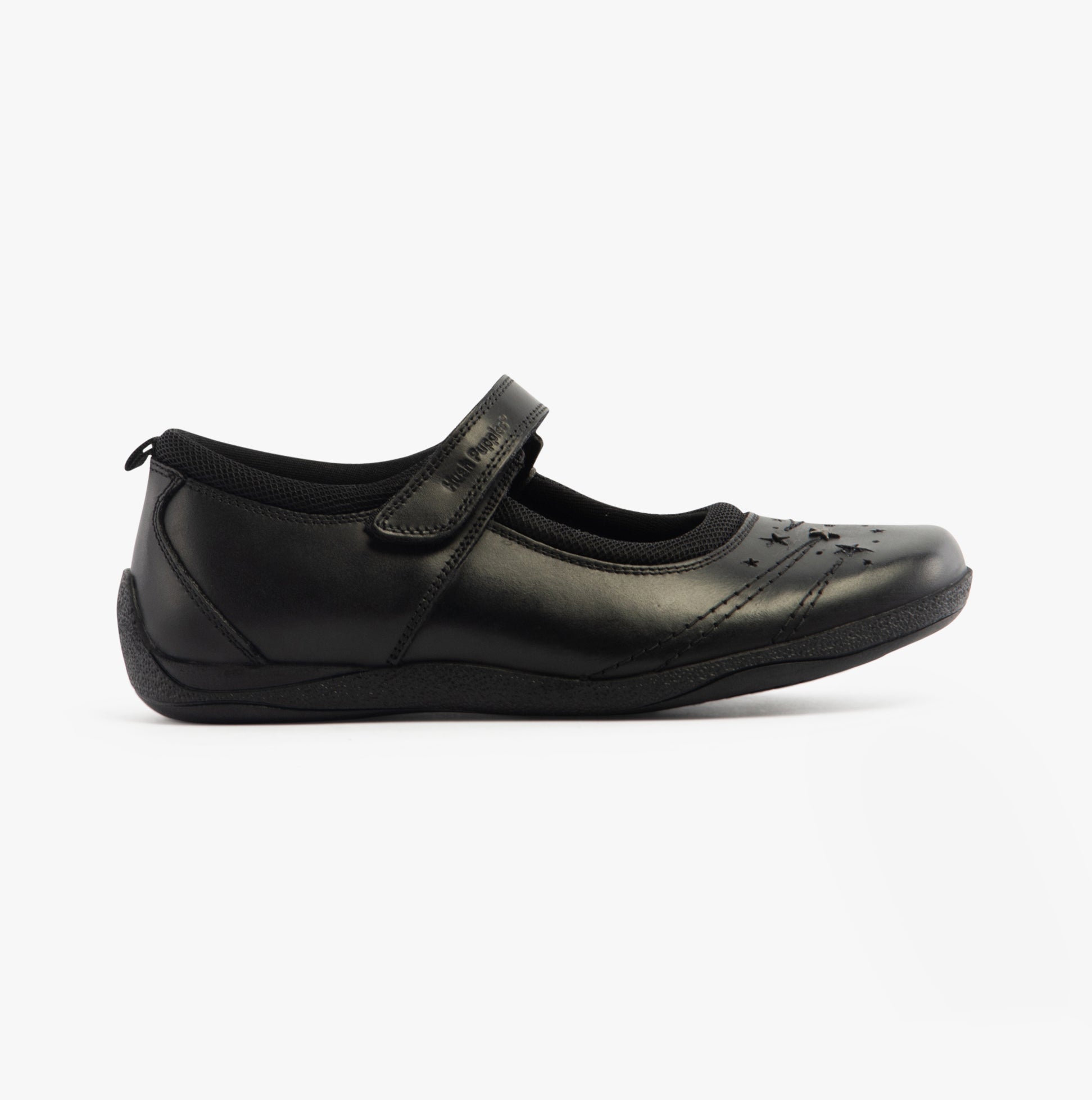 Hush Puppies AMBER JUNIOR Girls Leather School Shoes Black side view with touch fasten strap and round toe.