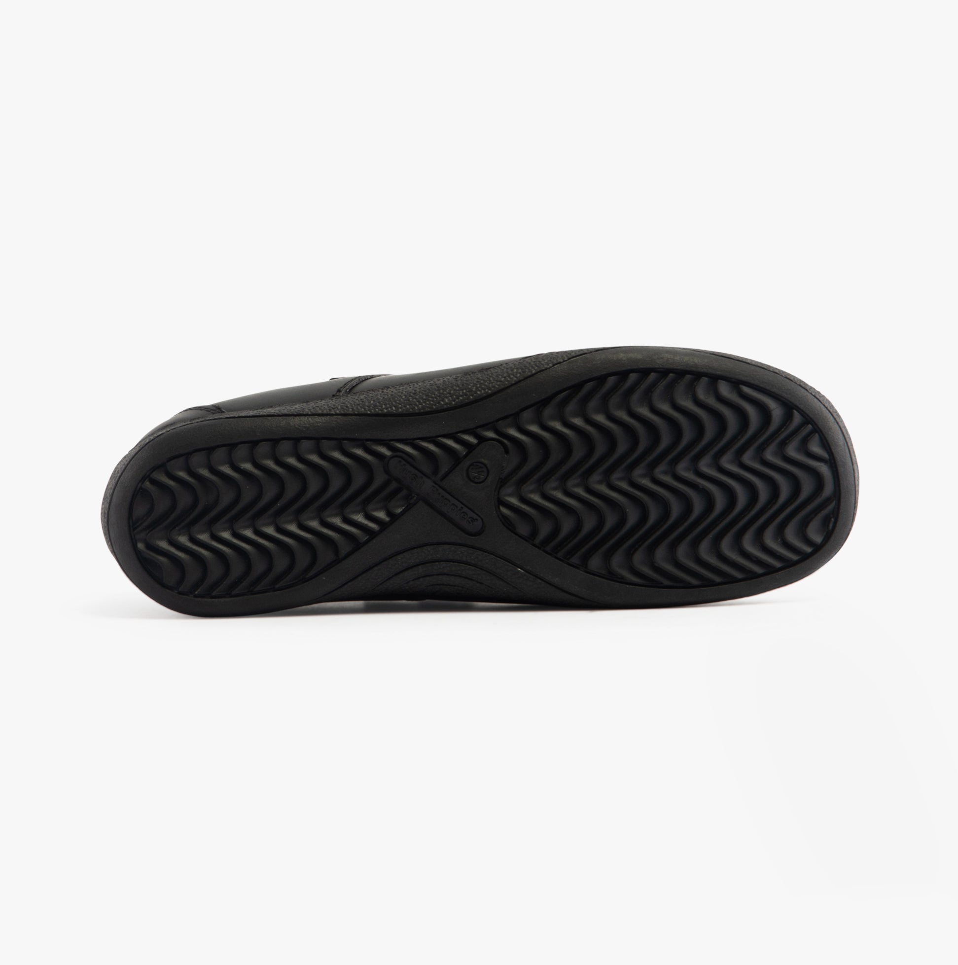Hush Puppies AMBER JUNIOR Girls Leather School Shoes Black bottom view showcasing the textured sole.
