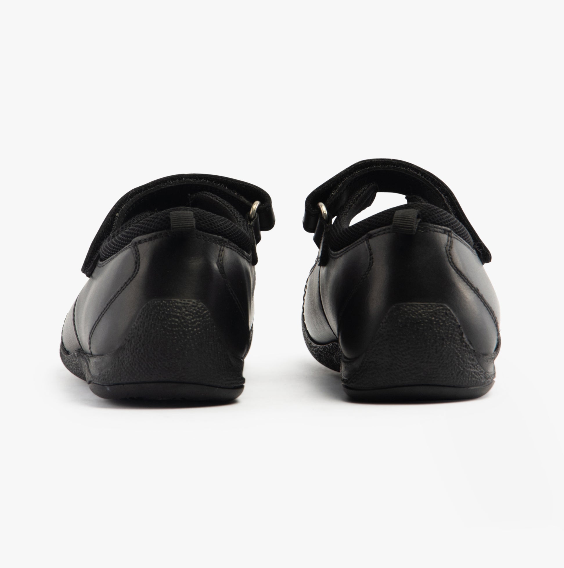 Hush Puppies AMBER JUNIOR Girls Leather School Shoes Black back view showing adjustable strap and flat heel.