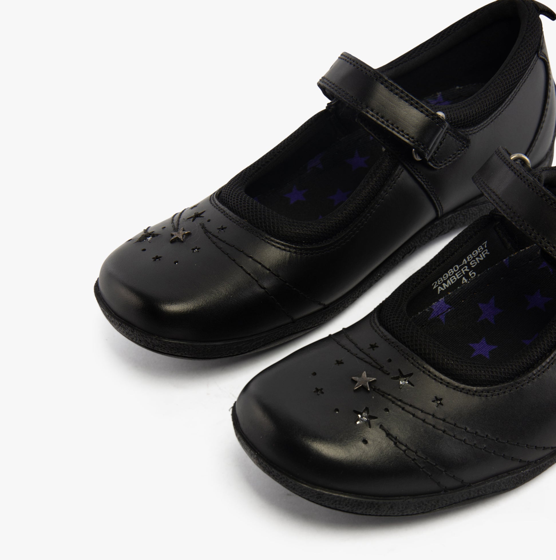 Hush Puppies AMBER JUNIOR Girls Leather School Shoes Black side view showing adjustable strap and star detailing.