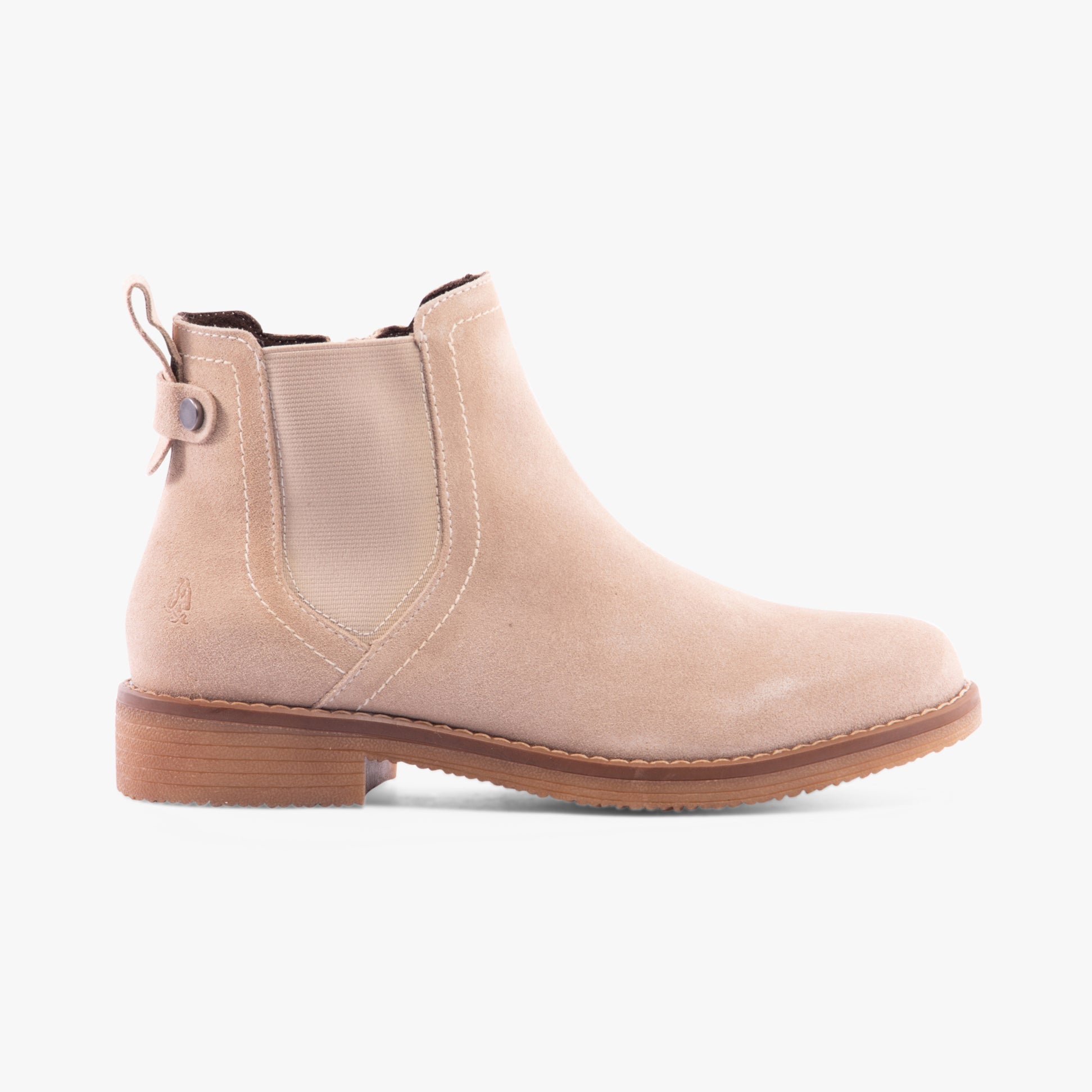 Hush Puppies MADDY Womens Boots Nude side view showing suede leather and block heel, featuring comfort and elasticated side panel.
