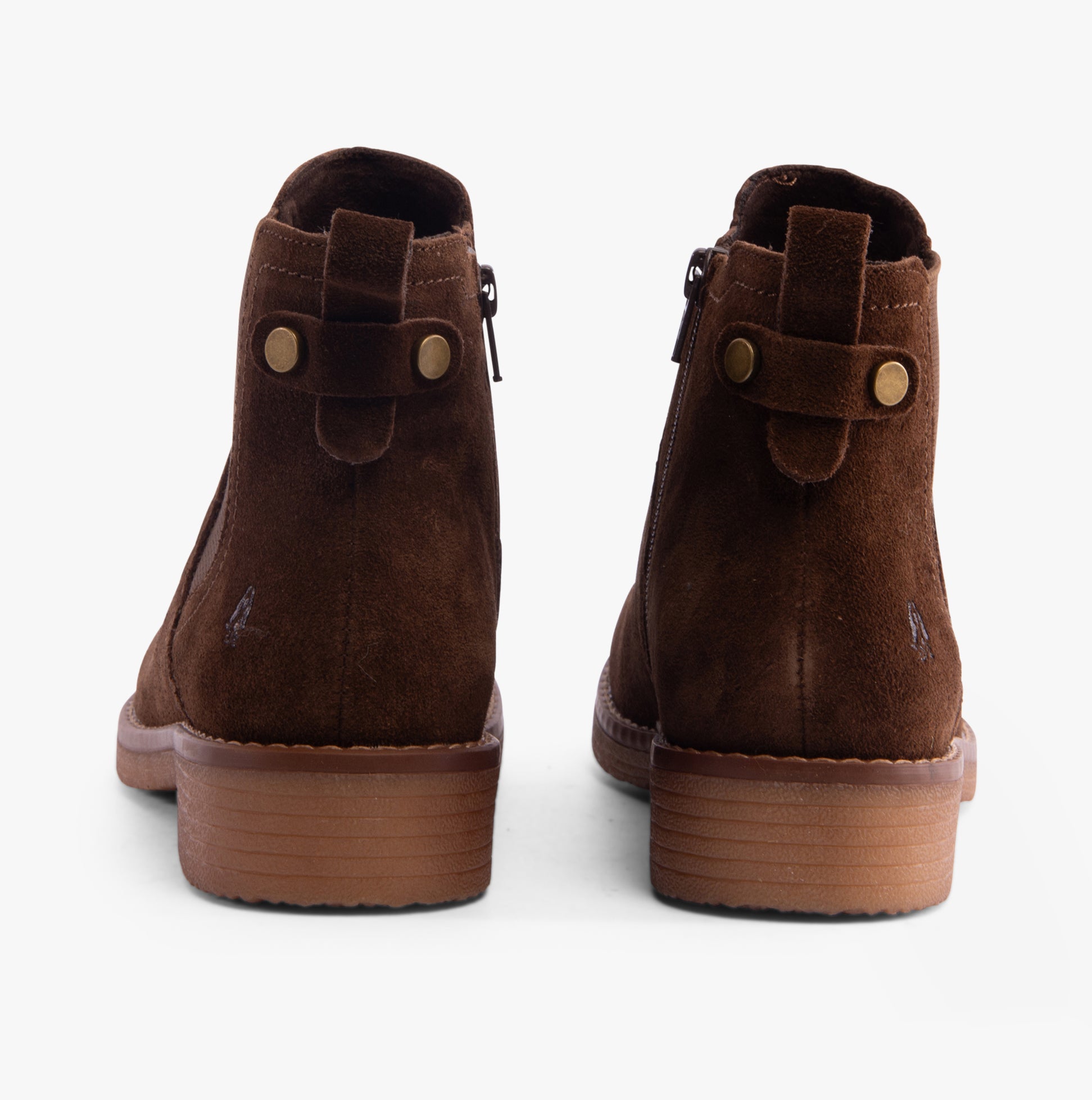Hush Puppies MADDY Womens Boots Chocolate rear view showing a suede leather finish and block heel.