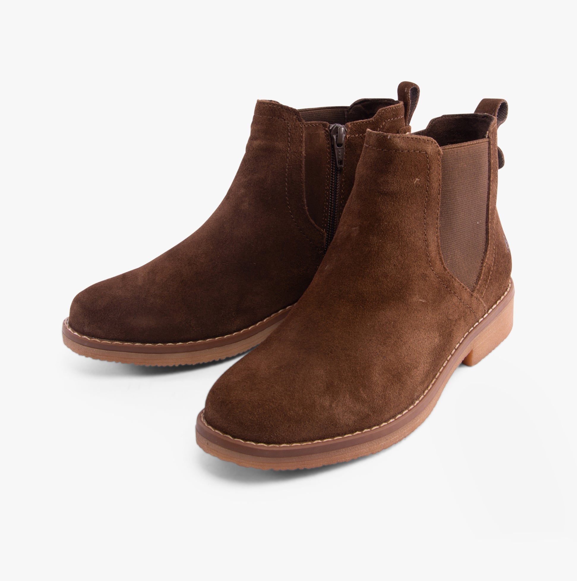 Hush Puppies MADDY Womens Boots Chocolate side view showing suede leather upper and elasticated side panel.