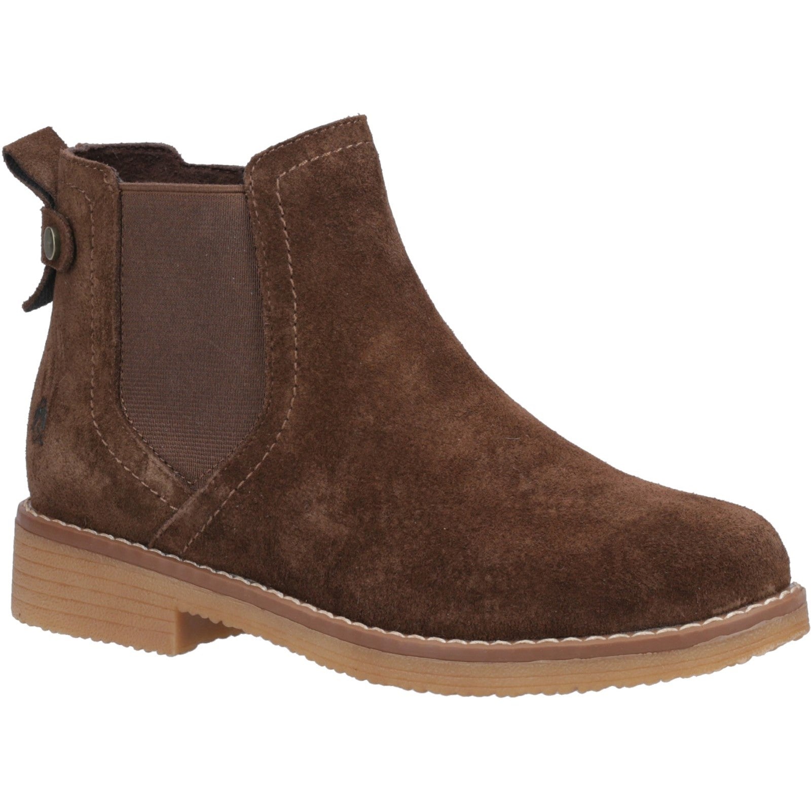 Hush Puppies MADDY Womens Boots Chocolate side view showcasing suede leather upper and elasticated side panel.