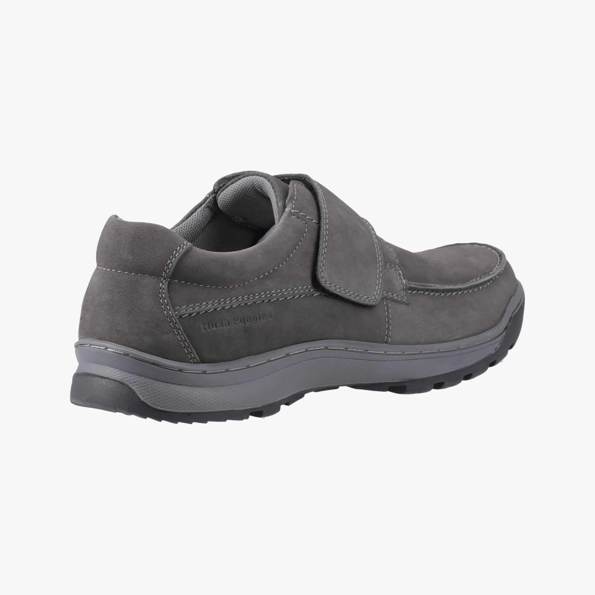 Hush Puppies CASPER Mens Comfort Shoes Grey side view showcasing leather upper and touch fasten closure.