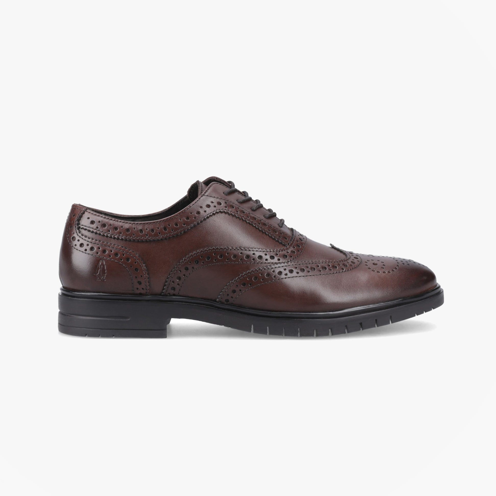 Hush Puppies SANTIAGO Mens Brogue Shoes Brown side view showcasing leather upper and detailed design.