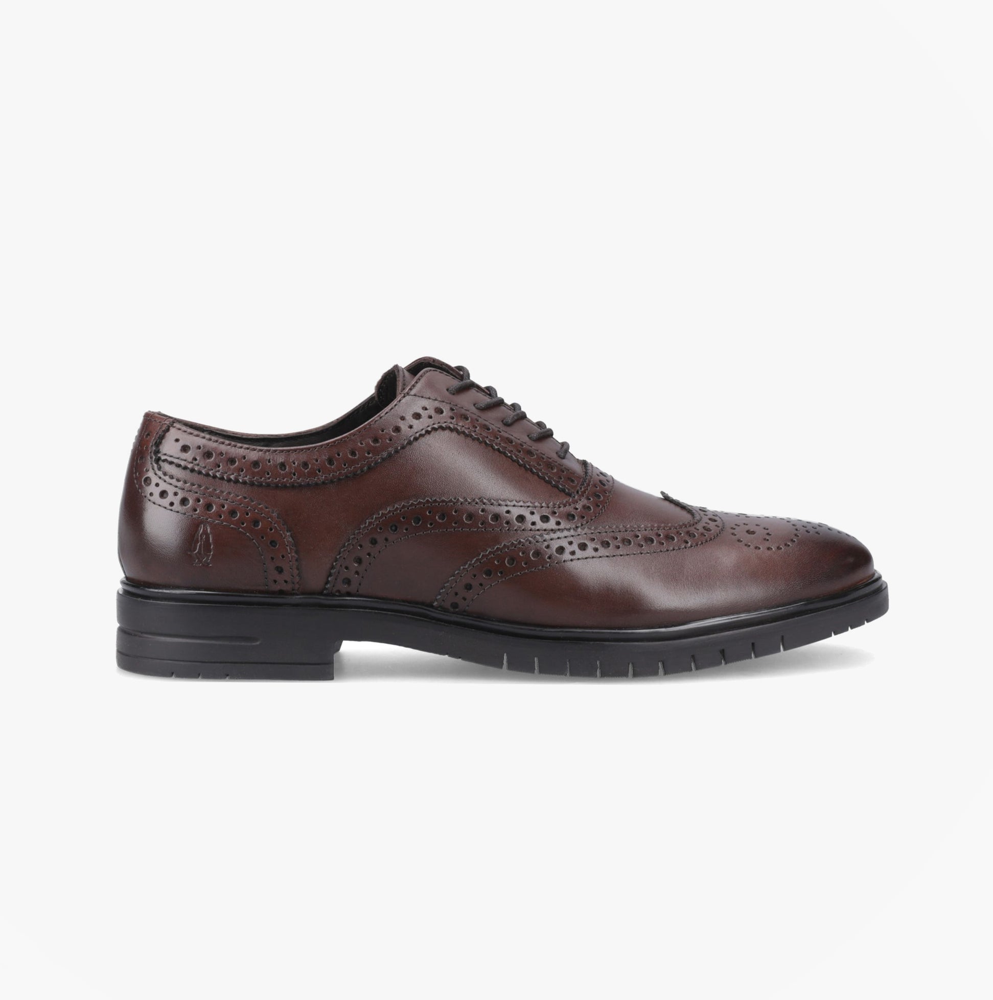 Hush Puppies SANTIAGO Mens Brogue Shoes Brown side view showcasing leather upper and detailed design.