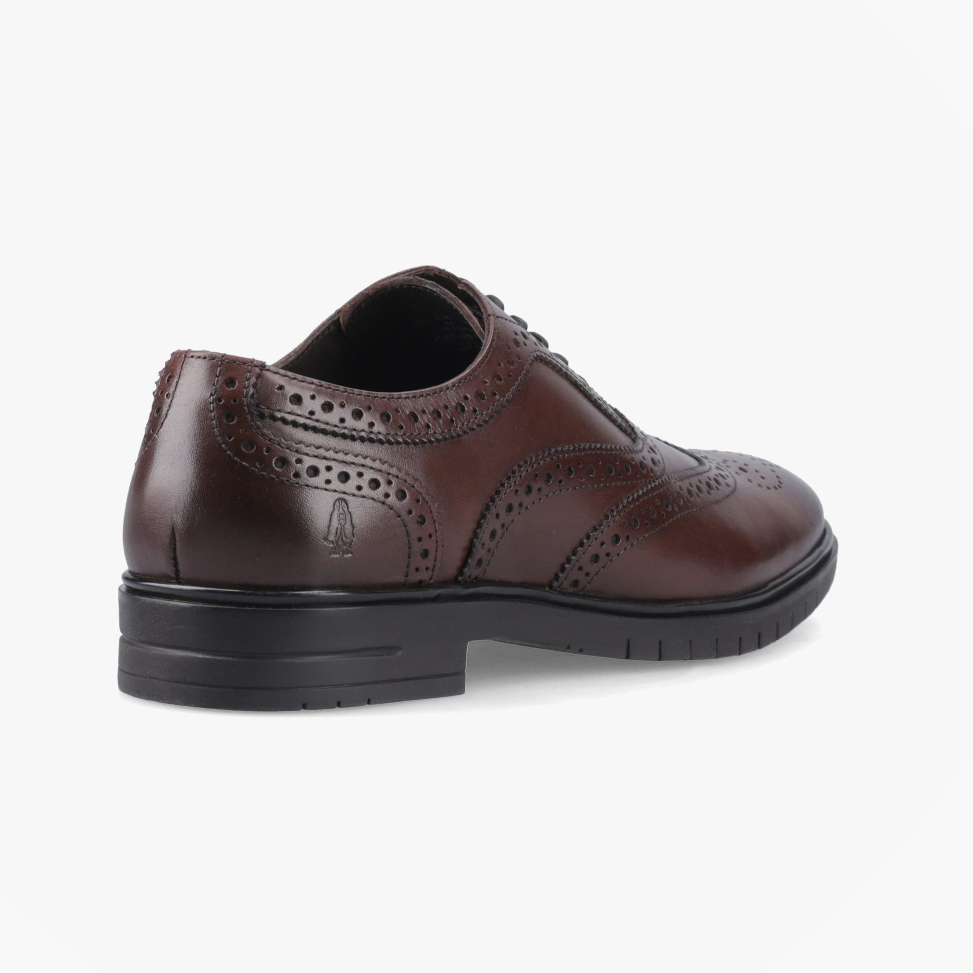 Hush Puppies SANTIAGO Mens Brogue Shoes Brown back view showcasing leather upper and detailed brogue design.