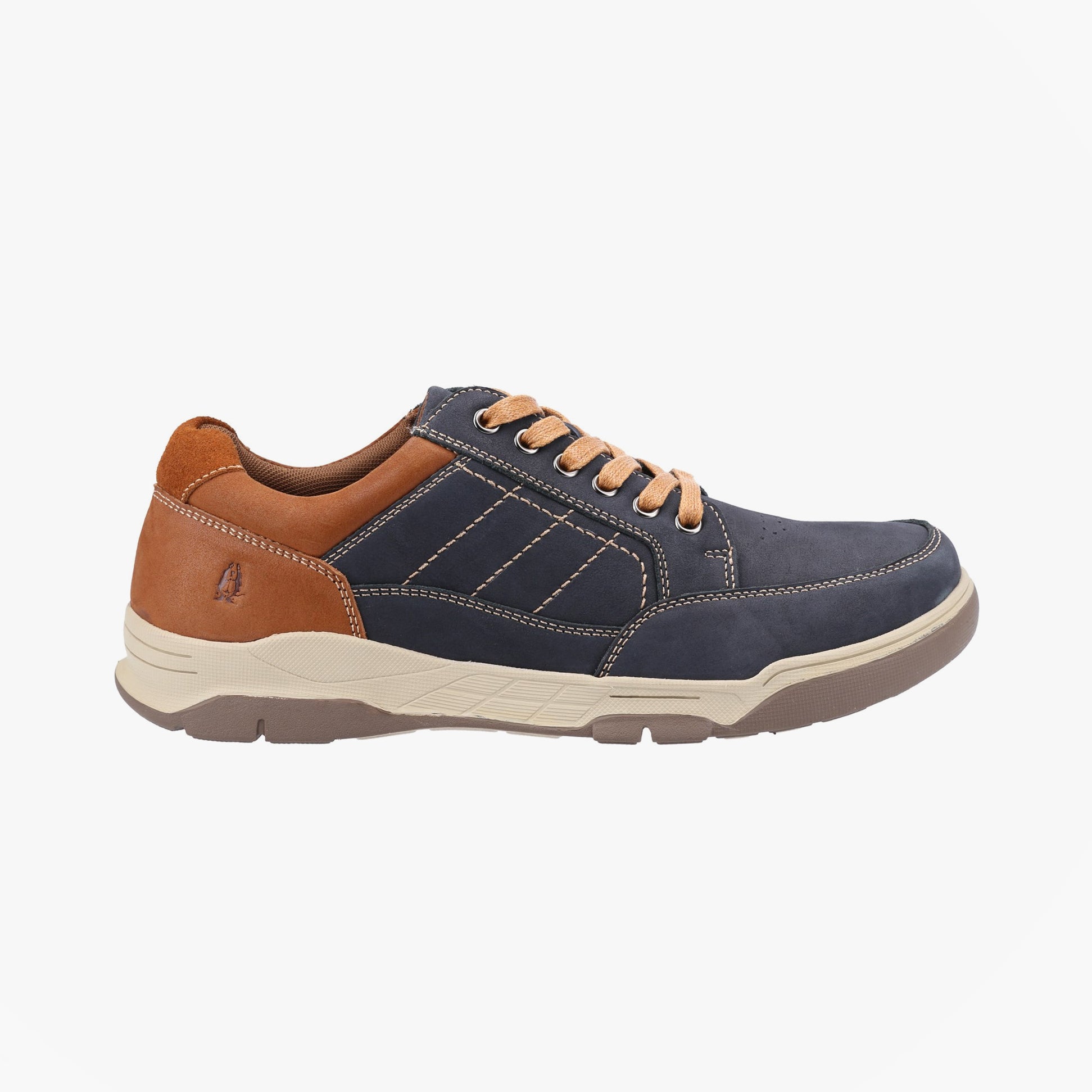 Hush Puppies FINLEY Mens Comfort Shoes Navy side view showcasing leather upper and lace-up design.