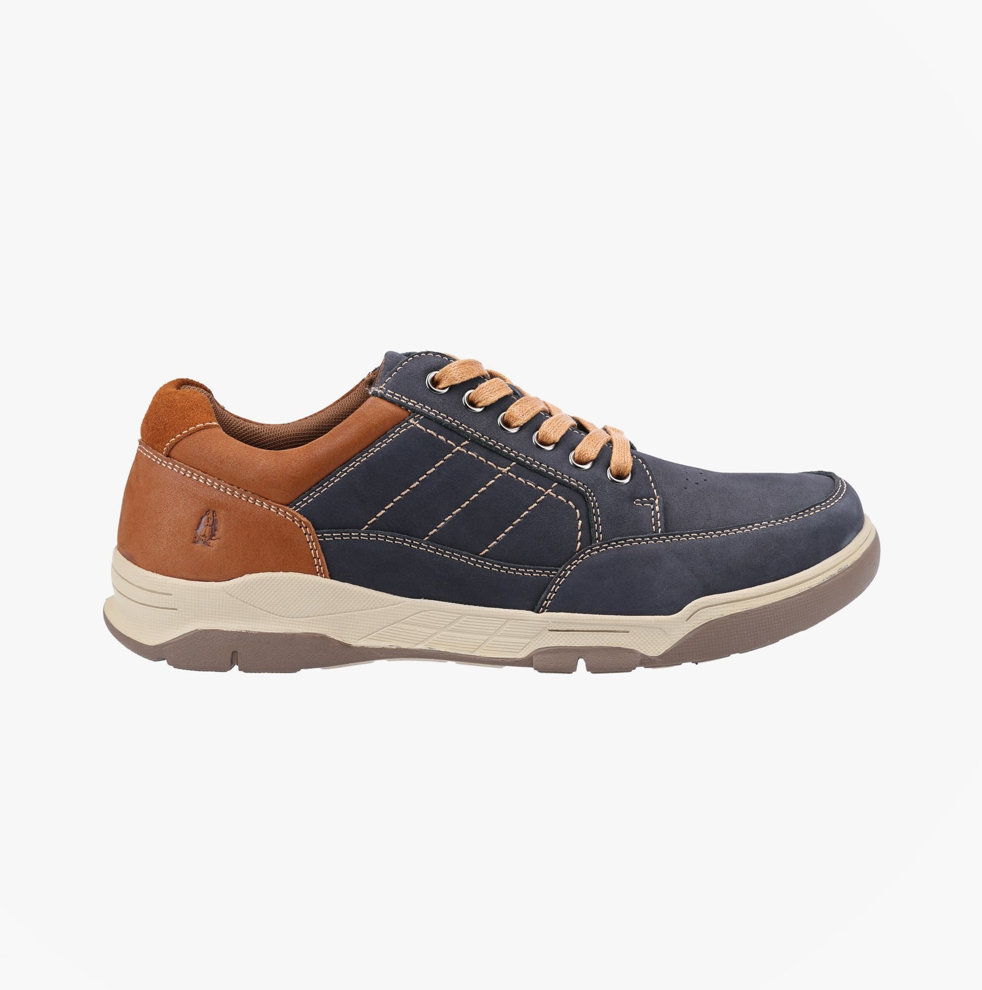 Hush Puppies FINLEY Mens Comfort Shoes Navy side view showcasing leather upper and lace-up design.