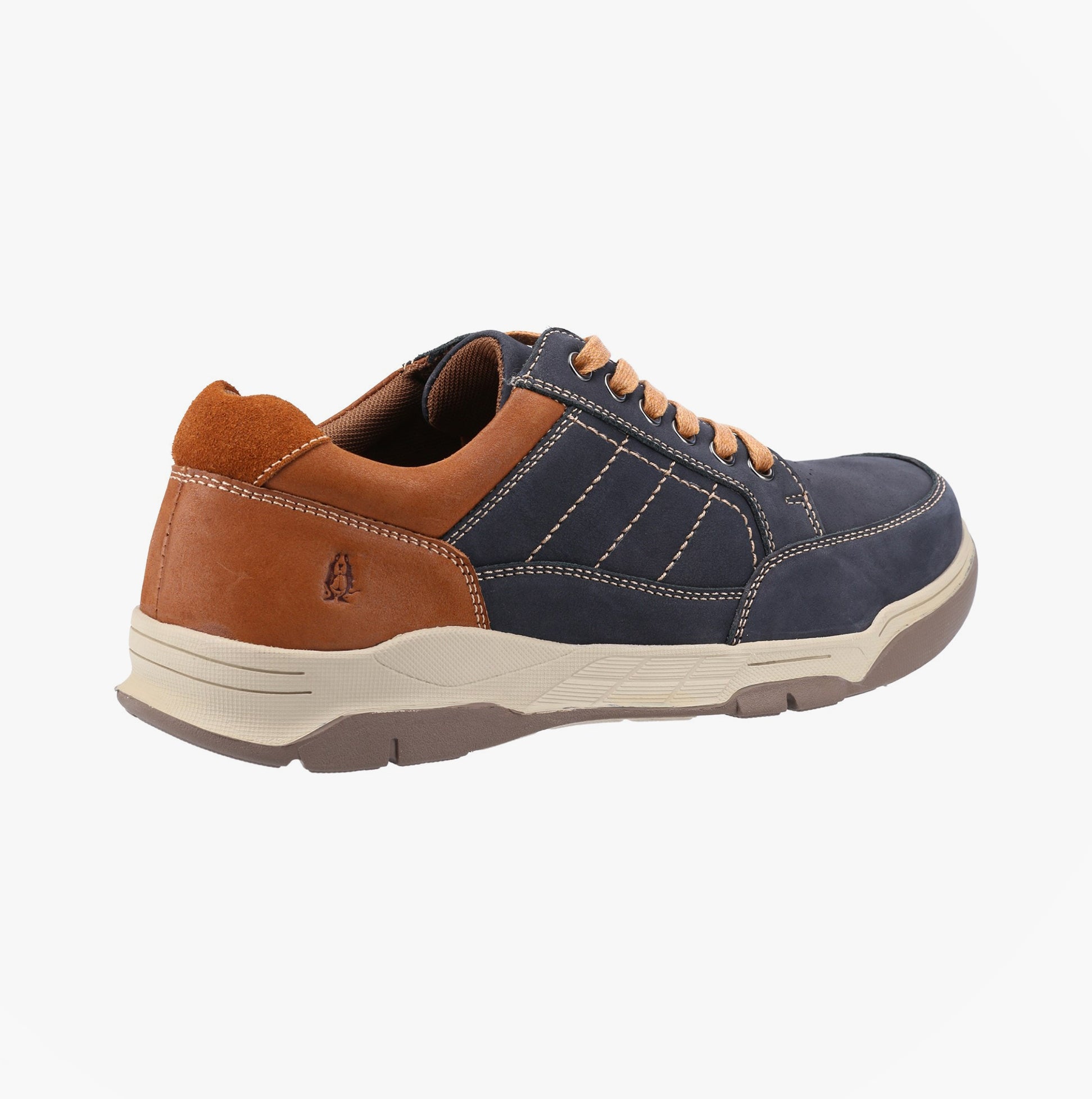 Hush Puppies FINLEY Mens Comfort Shoes Navy side view showing leather upper and lace-up closure.