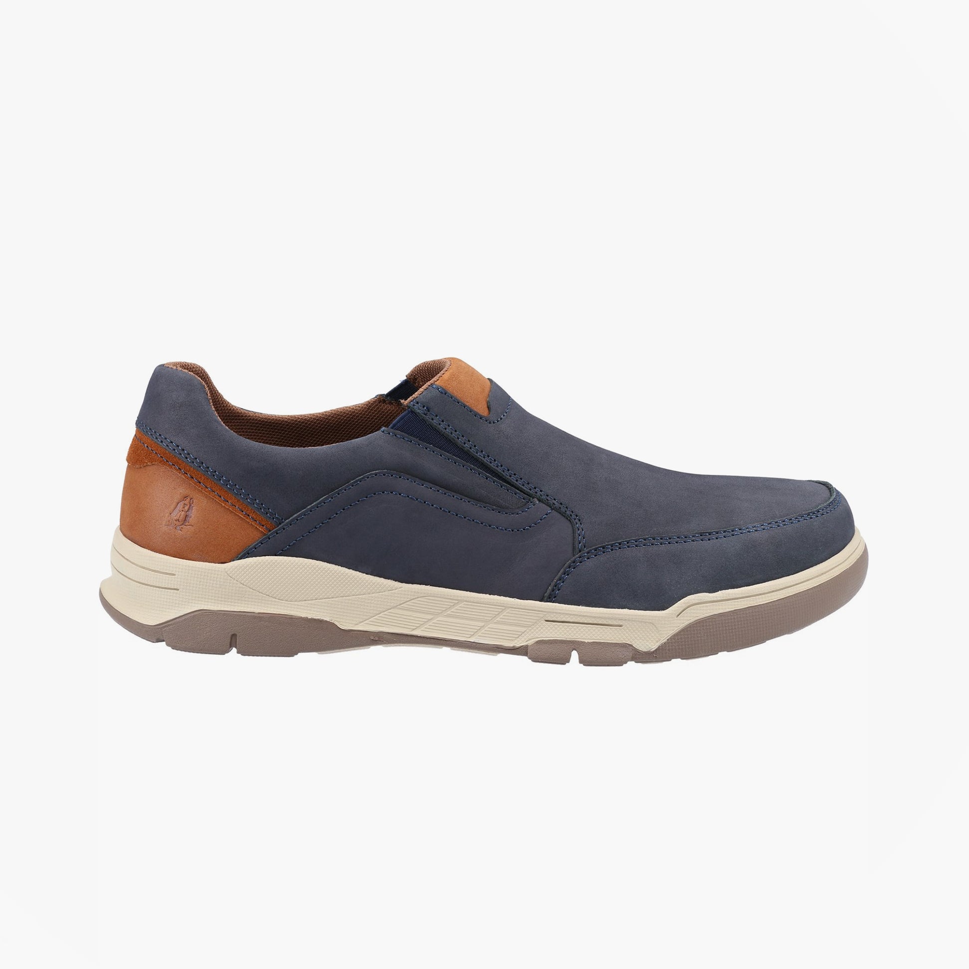 Hush Puppies FLETCHER Mens Slip On Shoes Navy side view showing leather upper and flexible outsole.