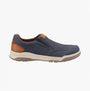 Hush Puppies FLETCHER Mens Slip On Shoes Navy side view showing leather upper and flexible outsole.