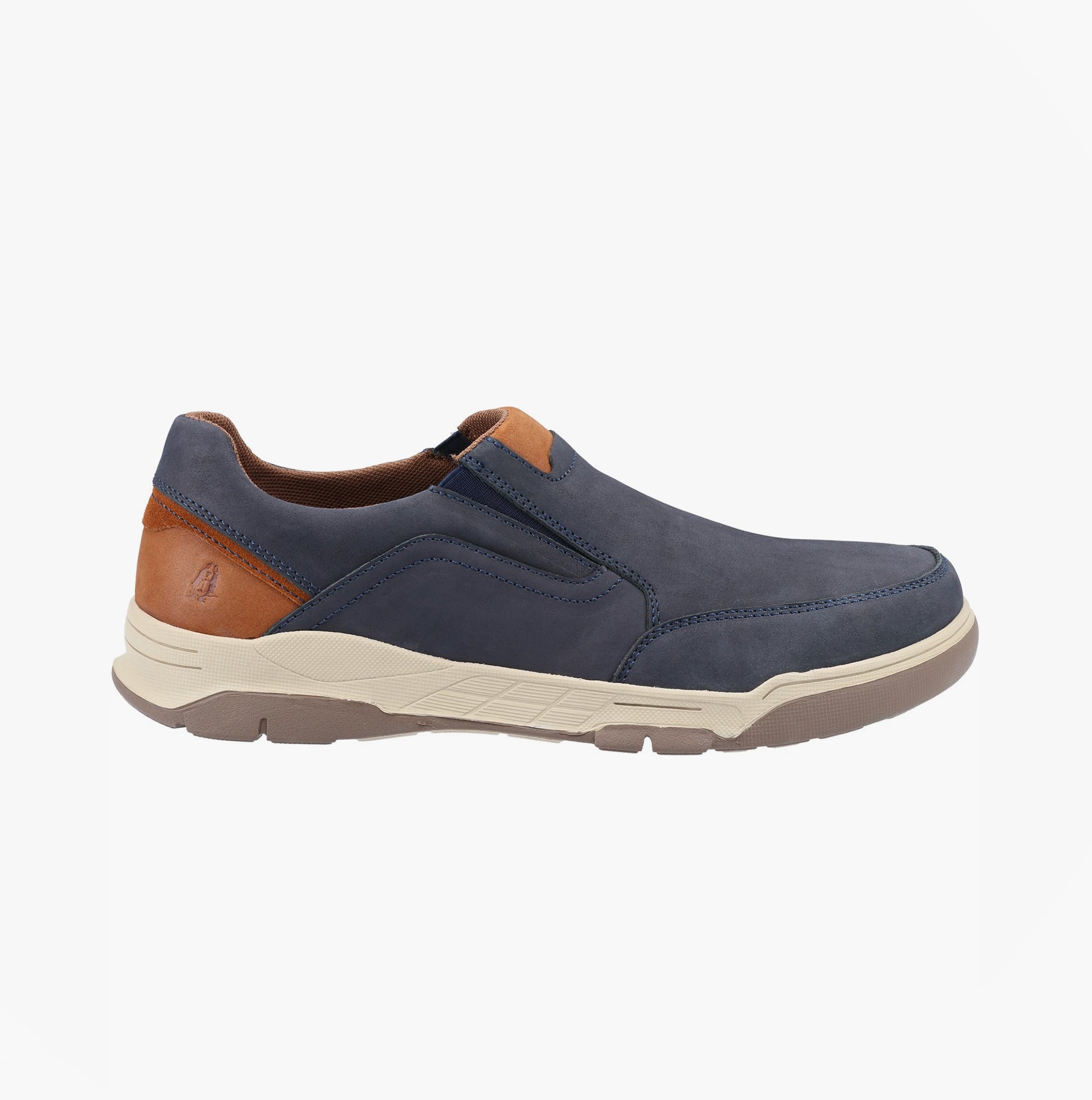 Hush Puppies FLETCHER Mens Slip On Shoes Navy side view showing leather upper and flexible outsole.