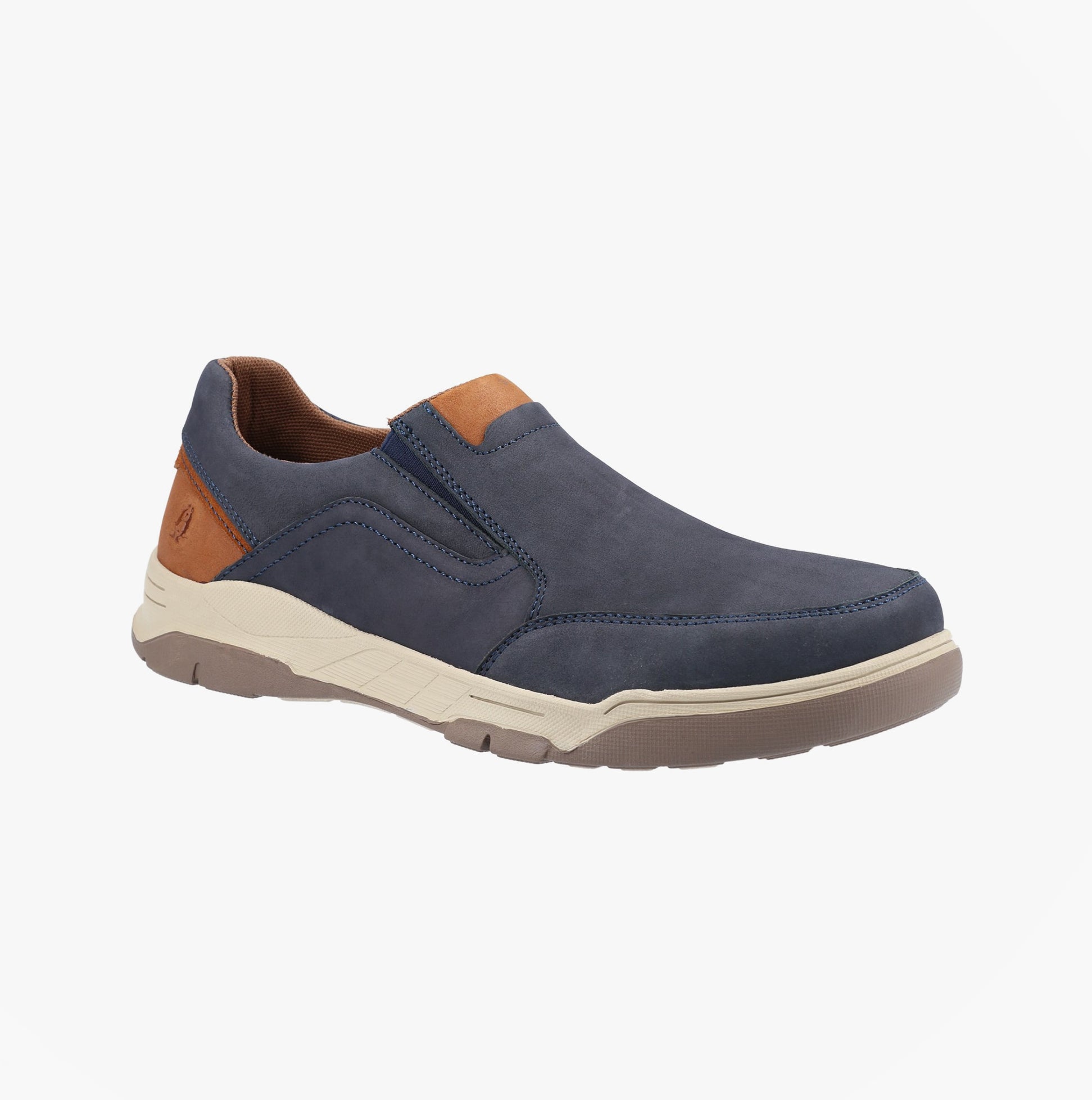 Hush Puppies FLETCHER Mens Slip On Shoes Navy side view showcasing comfortable leather upper and flexible outsole.