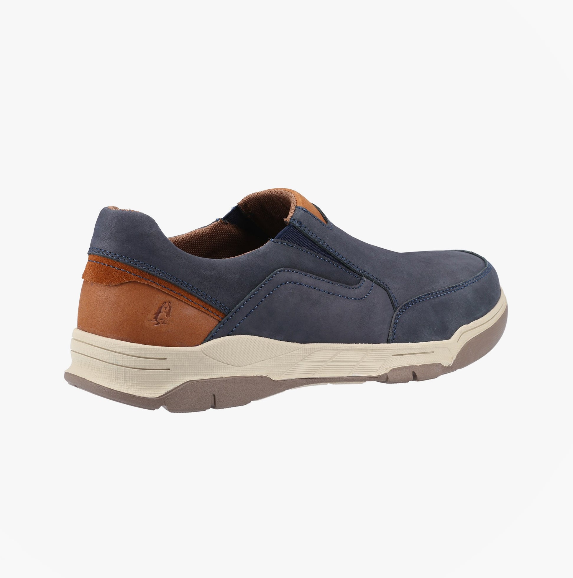 Hush Puppies FLETCHER Mens Slip On Shoes Navy side view showcasing leather upper and slip-on design.