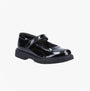 Hush Puppies TALLY Girls School Shoes Black Patent side view with touch fasten strap and round toe.