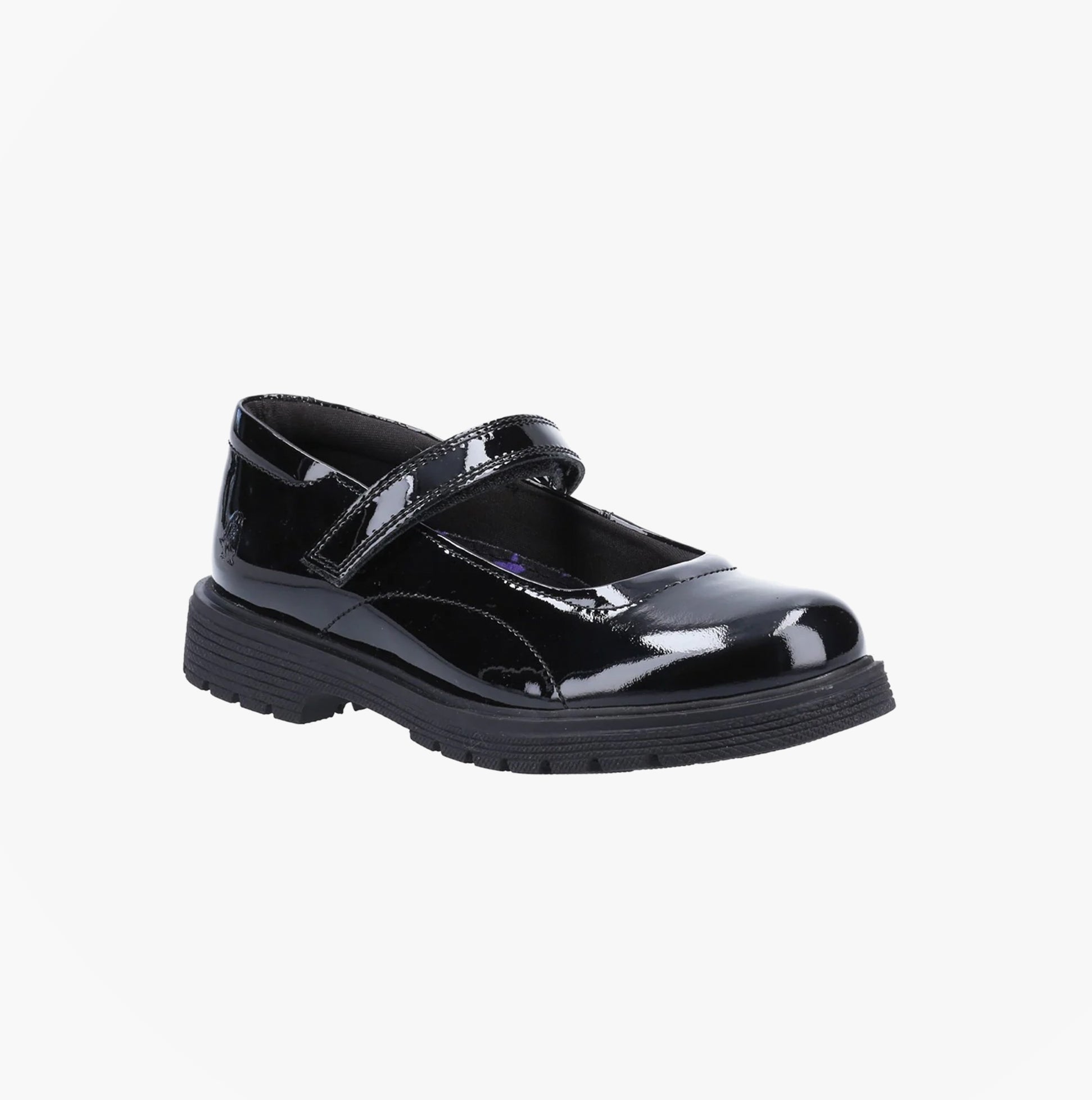 Hush Puppies TALLY Girls School Shoes Black Patent side view with touch fasten strap and round toe.