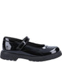 Hush Puppies TALLY Girls School Shoes Black Patent side view with touch fasten strap and round toe.