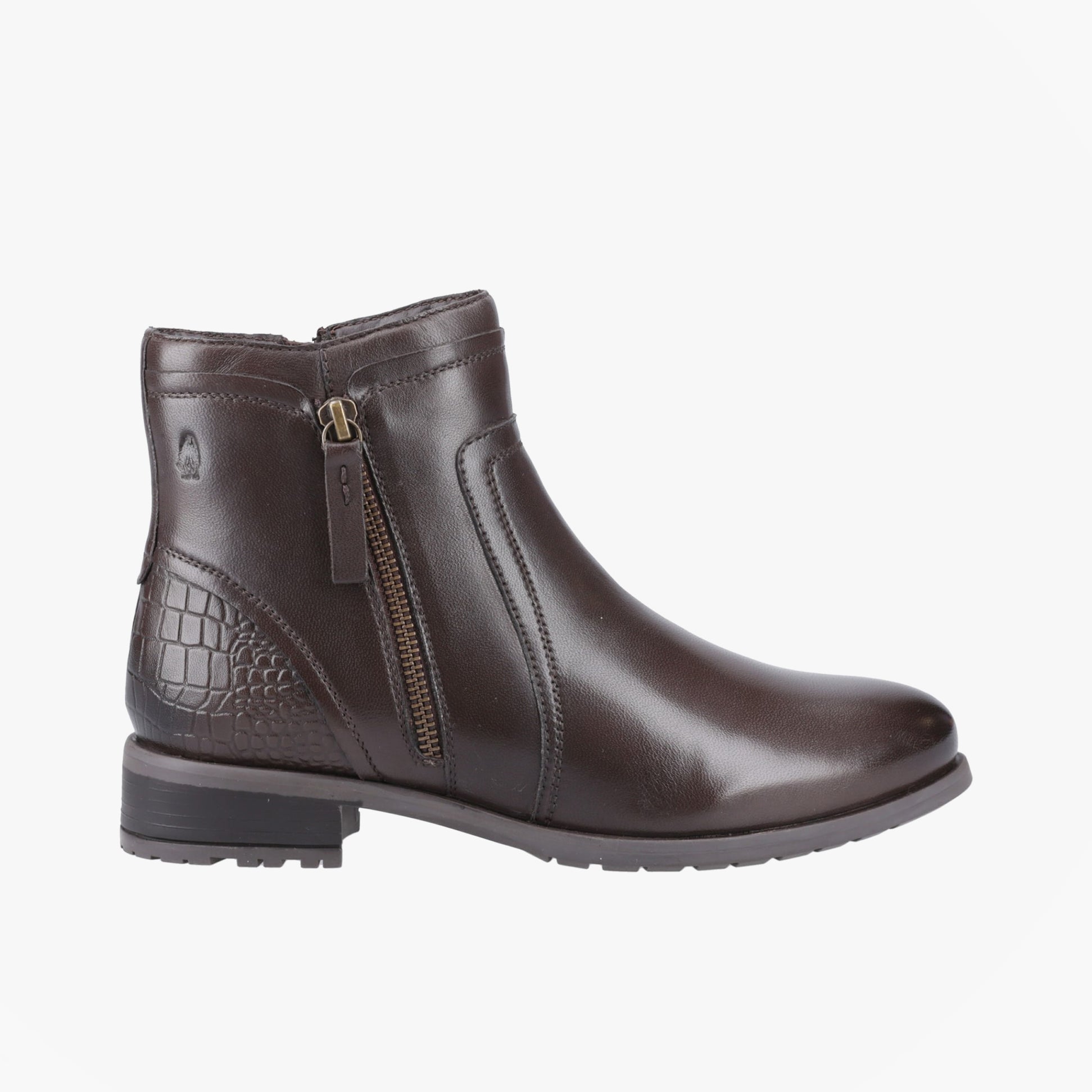 Hush Puppies SCARLETT Womens Leather Ankle Boots Brown side view featuring zip closure and textured detailing.