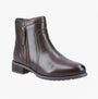 Hush Puppies SCARLETT Womens Leather Ankle Boots Brown side view showing shiny leather finish and zip closure.