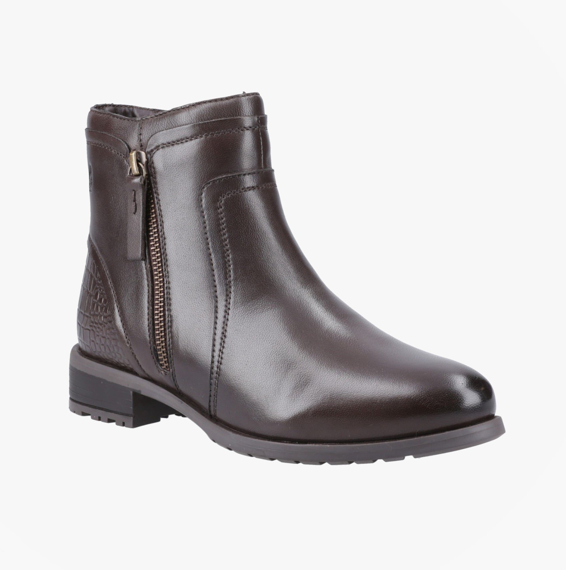 Hush Puppies SCARLETT Womens Leather Ankle Boots Brown side view showing shiny leather finish and zip closure.