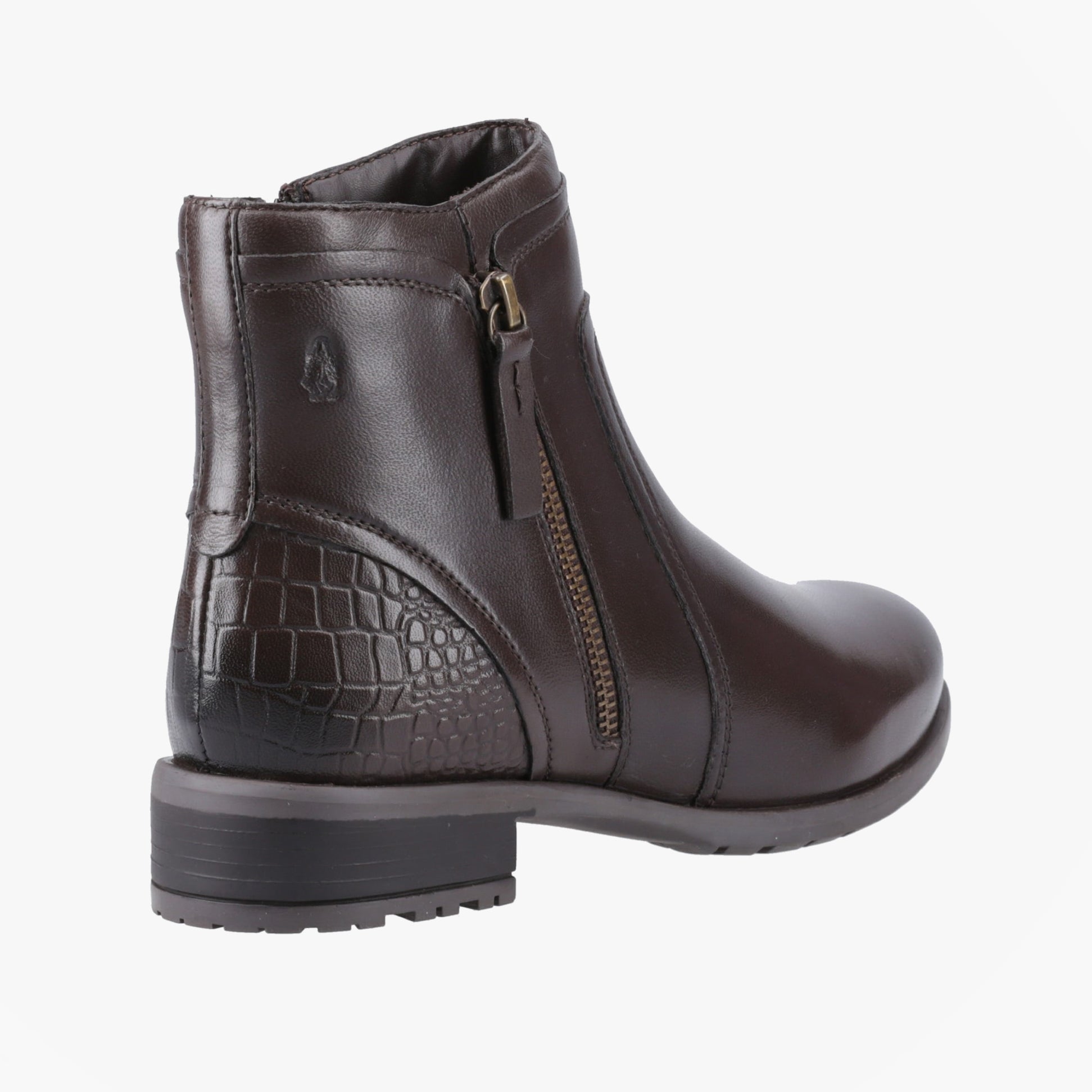 Hush Puppies SCARLETT Womens Leather Ankle Boots Brown side view showcasing zip closure and textured heel.