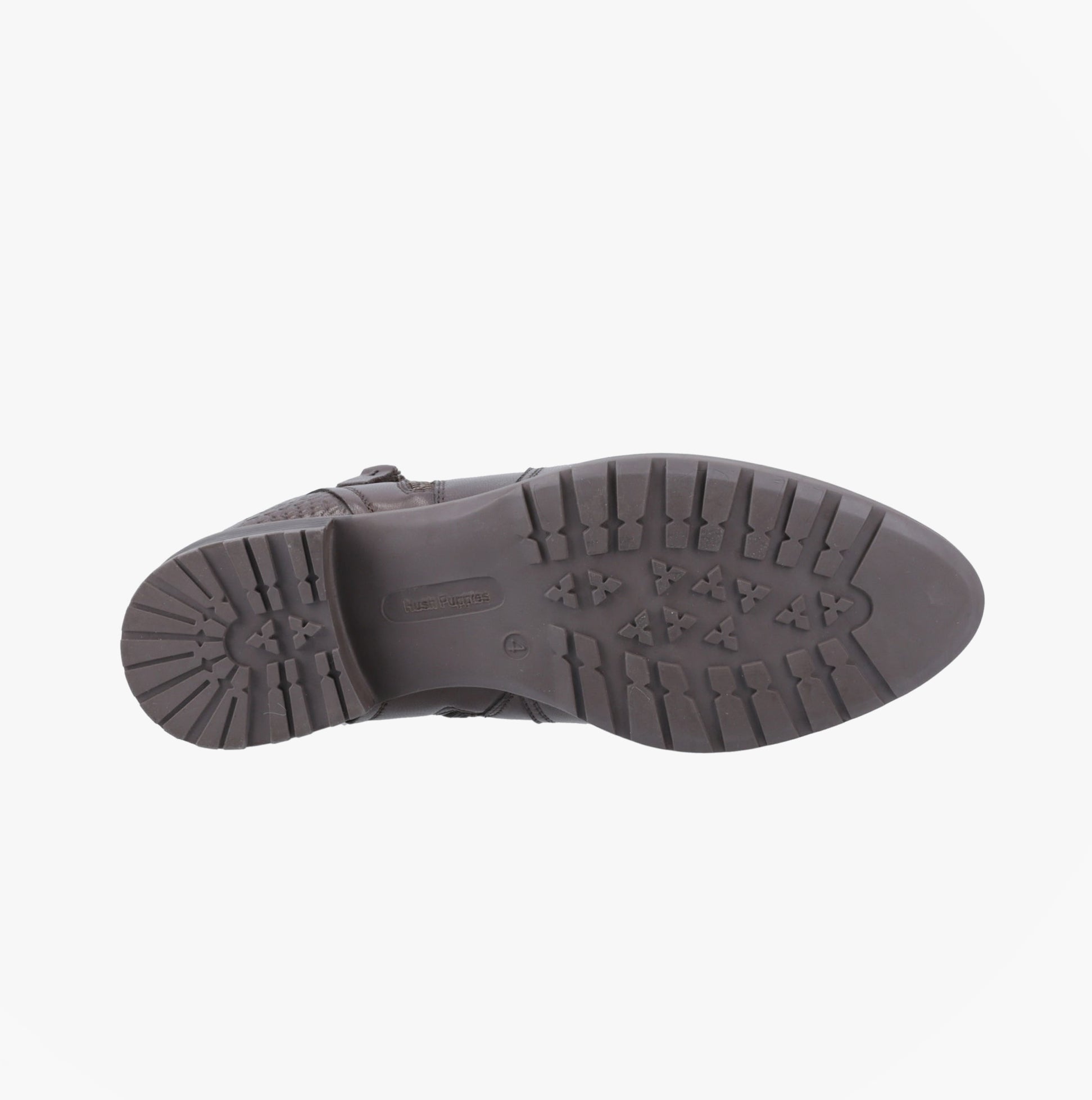 Hush Puppies SCARLETT Womens Leather Ankle Boots Brown bottom view with tread pattern and sole design.