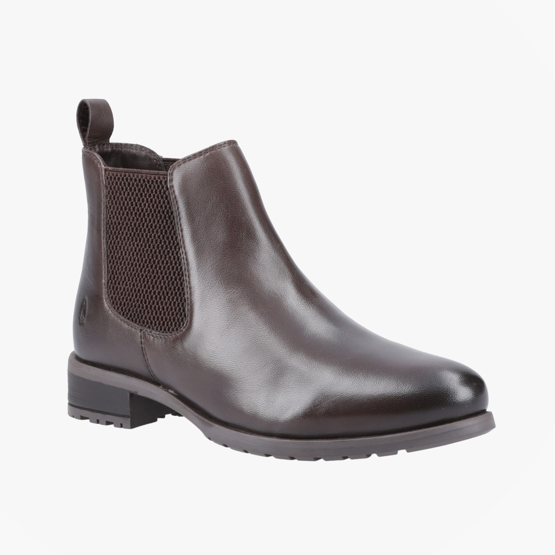 Hush Puppies SAMMIE Womens Leather Chelsea Boots Brown side view showing sleek leather upper with pull-on design and elastic side panels.