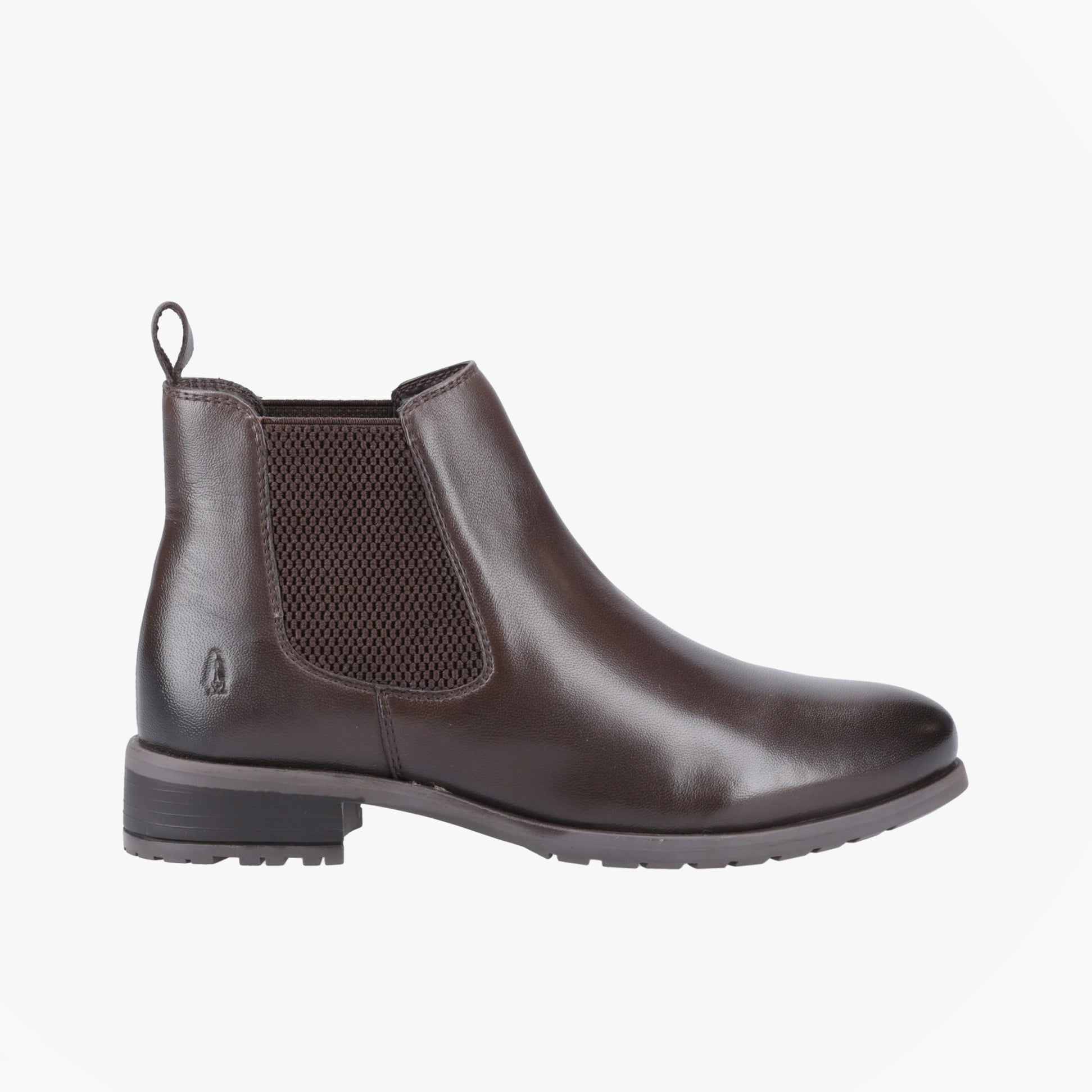 Hush Puppies SAMMIE Womens Leather Chelsea Boots Brown side view showcasing sleek design and elastic panel.