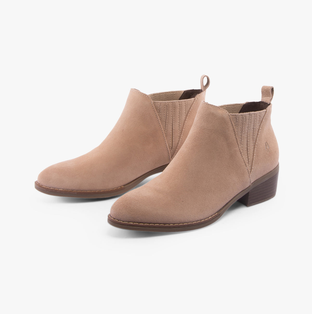 Hush Puppies ISOBEL Womens Boots Nude side view showing soft suede upper and block heel design