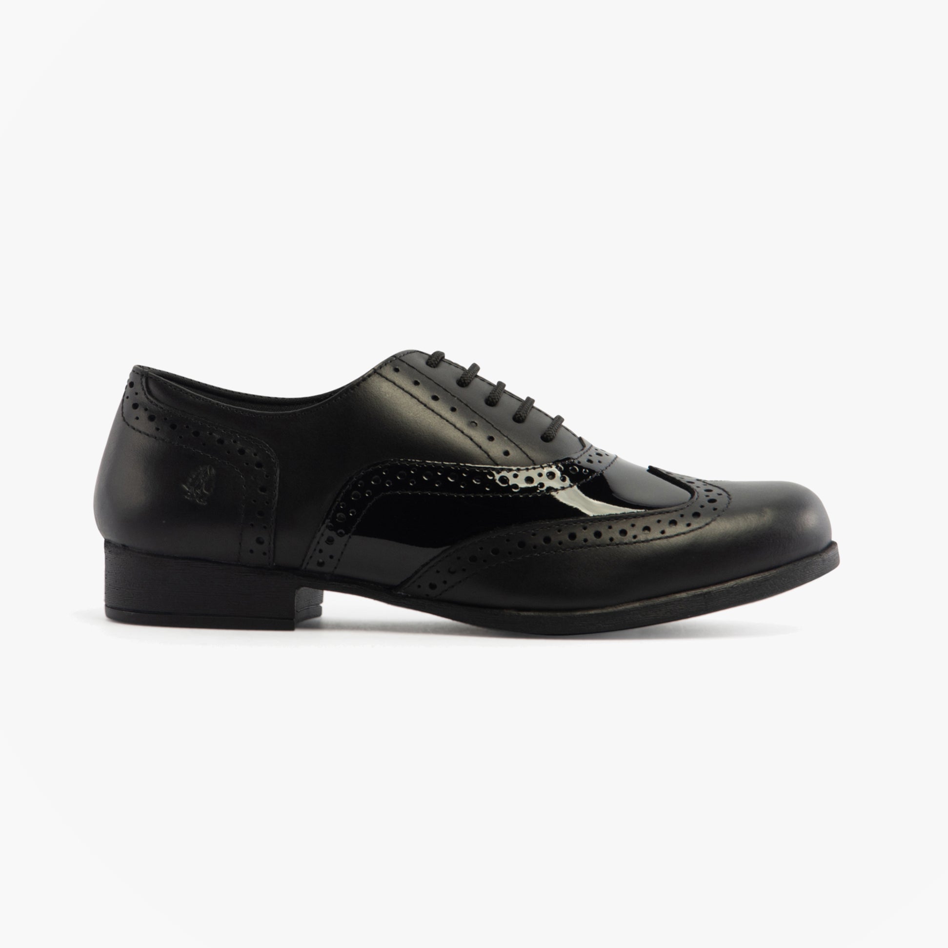 Hush Puppies KADA Girls Leather School Shoes Black side view showcasing patent leather upper, lace-up closure, and round toe.