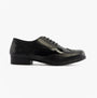 Hush Puppies KADA Girls Leather School Shoes Black side view showcasing patent leather upper, lace-up closure, and round toe.