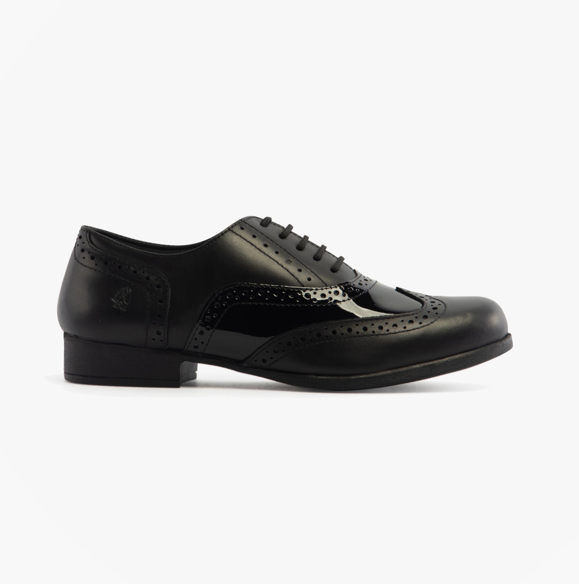 Hush Puppies KADA Girls Leather School Shoes Black side view showcasing patent leather upper, lace-up closure, and round toe.